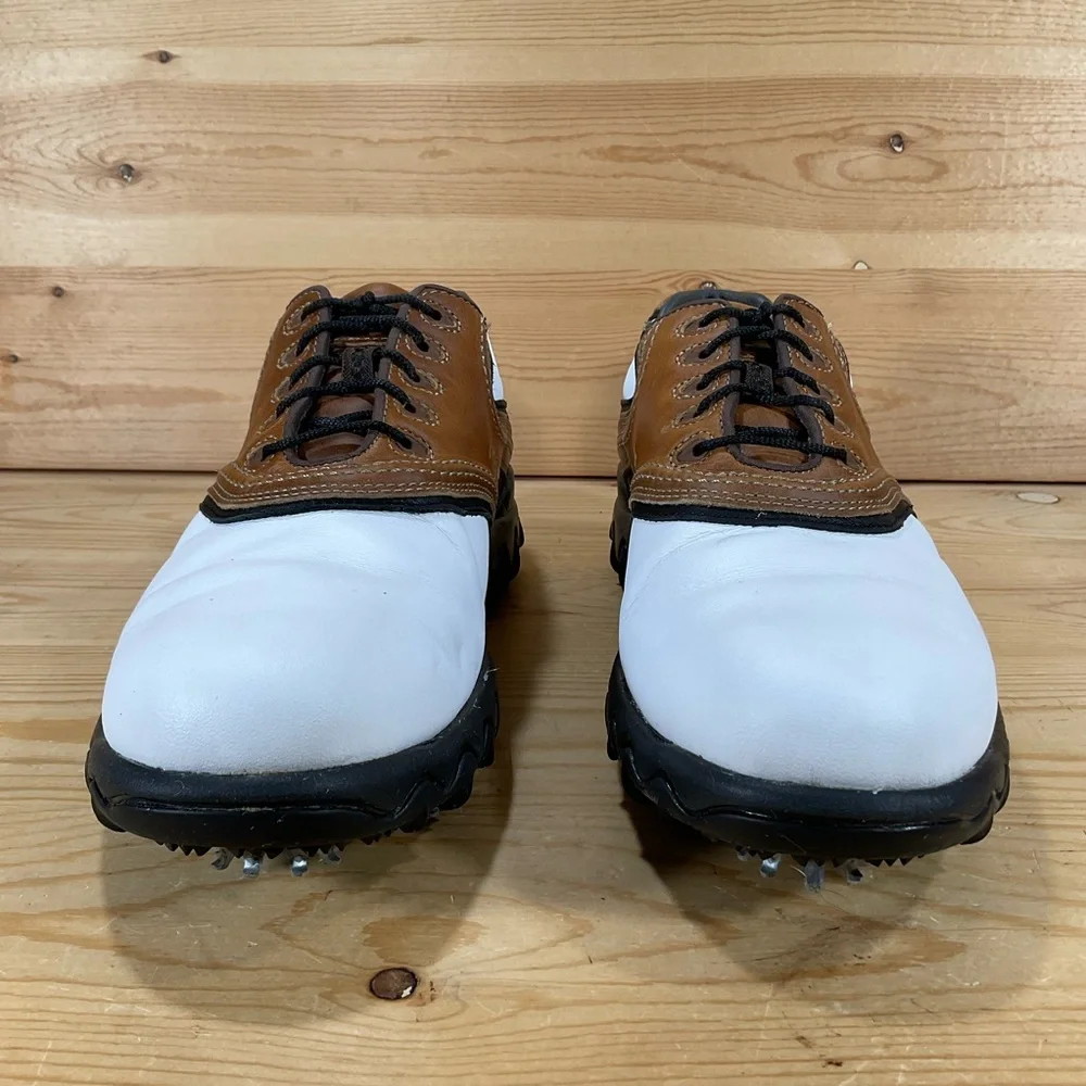 FootJoy Contour Series Saddle Golf Shoes
# 54024
Men’s 8.5 M
White Brown Black - Picture 5 of 9